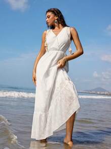 Anewsta Holiday Style Romantic Beach Sexy Laser Embroidery & Tassel Decor Drawstring Women's Casual White Cross V-Neck Floor-Length Dress