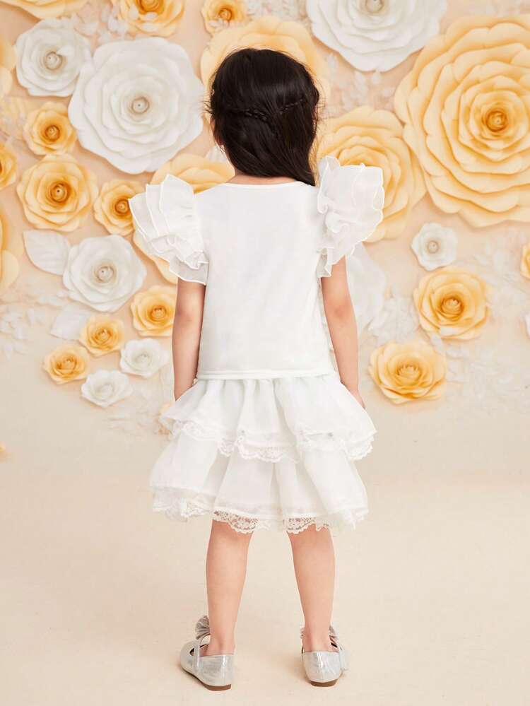 Young Girl Adorable Ruffle Trim Tee And Skirt Two Piece Set With Round Neck