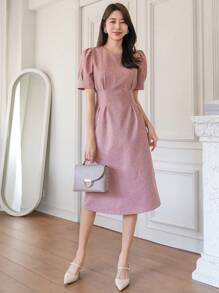 DAZY Vestido de verano de mujer de manga abultada con cuello redondo y unicolor - Rosa - Ver 3