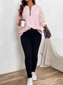 SHEIN LUNE Kích thước lớn Màu thuần Dây kéo nửa Áo nỉ - Bụi hồng - Xem 6