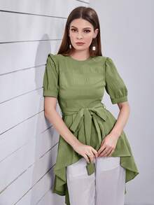 Mulvari 純色圓領設計,腰部收緊,不對稱下擺款式的上衣 - 綠色 - 查看 5