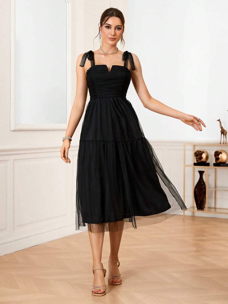 SHEIN Belle 对比色网眼层叠下摆吊带鸡尾酒会连衣裙 - 黑色 - 查看 1