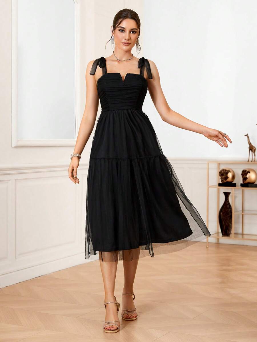 SHEIN Belle Contrast Mesh Layered Hem Cami Cocktail Party Dress - Black - View 1