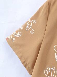 十幾歲男孩的花卉印花短袖立領襯衫 - 棕色 - 查看 6