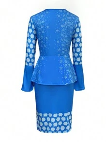 SHEIN Clasi Women'S Patchwork Geometric Printed Split Sleeve Bodycon Dress Fall Cloth For Women