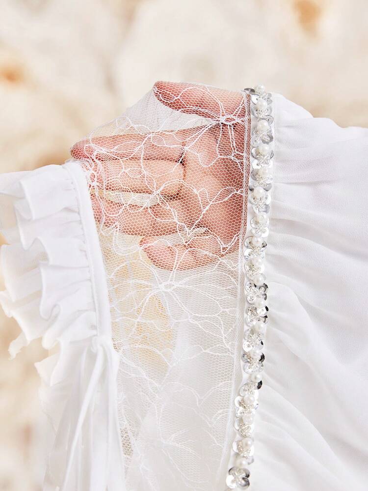 Patchwork Lace & Pearl & Stud Decor Lantern Sleeve Waist Belted Dress Long Evening Dresses