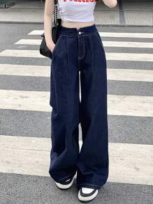 Dazy Designer 女式褶皱阔腿牛仔裤，返校服装 - 藍色 - 查看 8