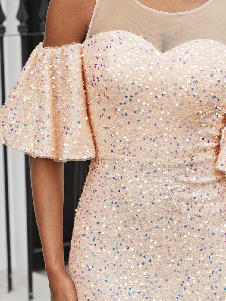 Women's Elegant And Gorgeous Contrast Mesh ​Sequin Cold Shoulder High-Waist Design Mermaid Graduation Prom Party Date Evening Dress Formal Ball Gown For Women