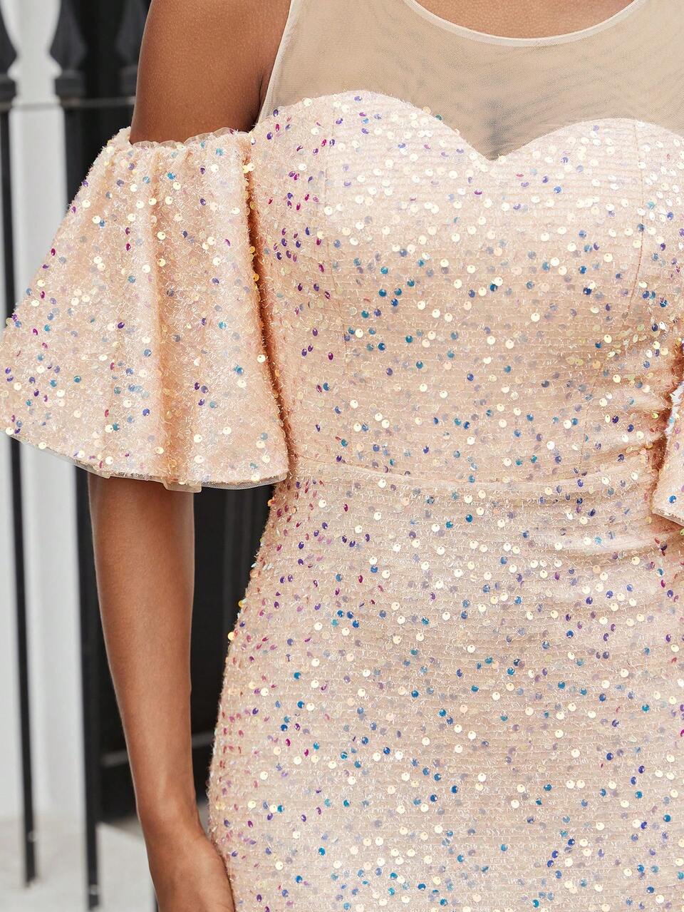 Women's Elegant Contrast Mesh Sequin Cold Shoulder High-Waist Mermaid Evening Dress,Formal Ball Gown For Graduation Prom Party Date Night