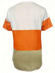 Color Block Short Sleeve T-Shirt With Decorative Metal Buckle And False Pocket