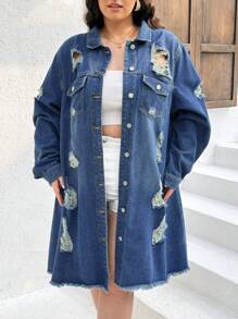 SHEIN CURVE+ 大尺碼女士破洞長袖牛仔外套 - 深色水洗藍 - 查看 5