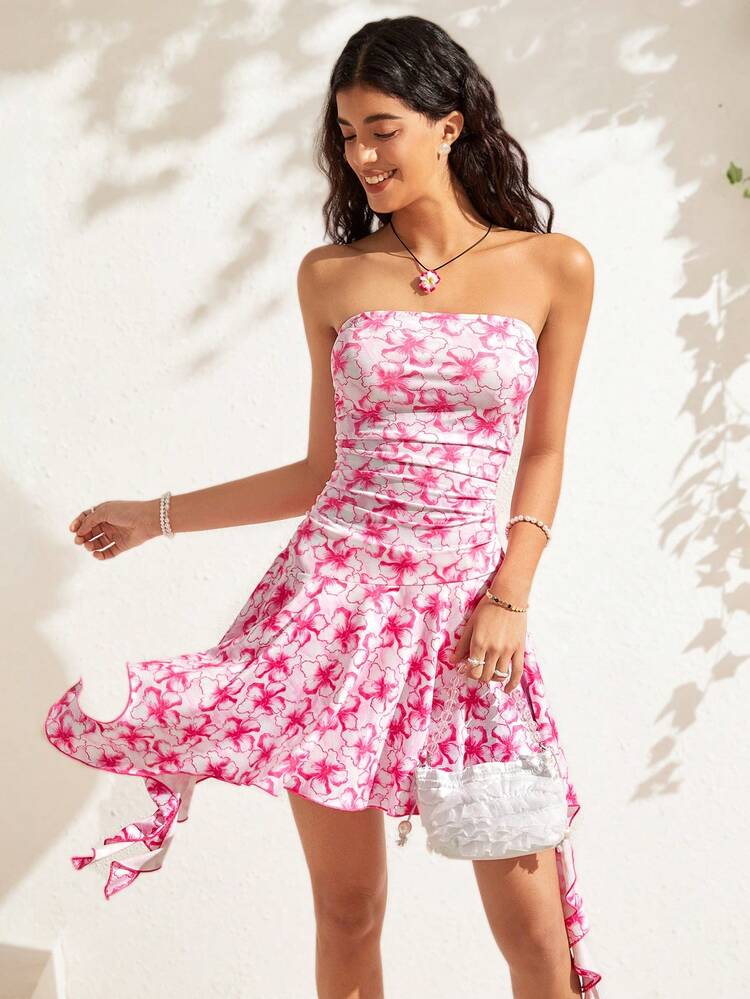Women's Floral Printed Pleated Strapless Dress