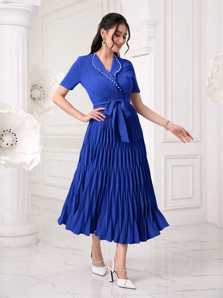 Women's Beaded Shoulder Cape Collar Pleated Hem Shift Dress