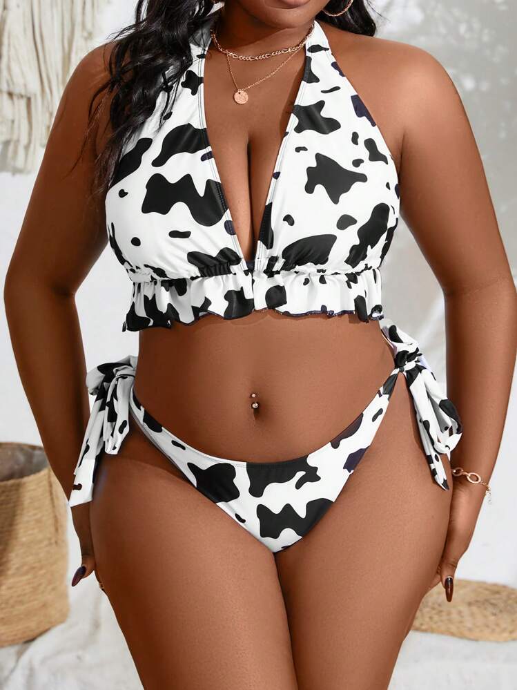 SHEIN Swim Curve Summer Beach Plus Size Cow Print Bikini Set