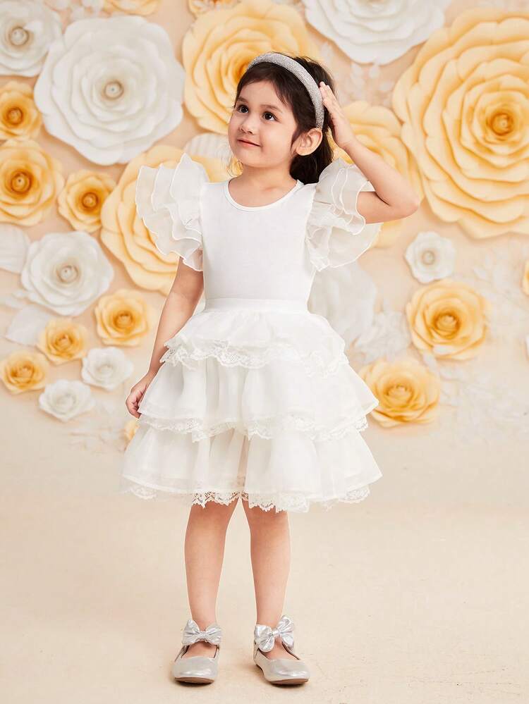 Young Girl Adorable Ruffle Trim Tee And Skirt Two Piece Set With Round Neck
