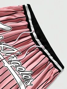 ROMWE MEN Prep Men Summer Sports Striped And Letter Printed Drawstring Waist Mesh Basketball Shorts - Pink - View 3
