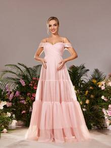 Faeriesty Đầm dự tiệc lưới bèo nhún hở vai cho bà bầu Dressalisa - Bụi hồng - Xem 5