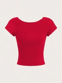 SHEIN MOD Áo thun nữ hở vai tay ngắn hở lưng đa năng thoải mái, phù hợp cho mùa hè - Đỏ - Xem 3