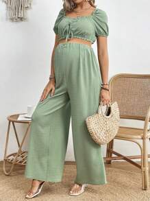 SHEIN Maternity Solid Color Short Sleeve Top With Sweetheart Neckline And Straight Pants - Olive Green - View 5