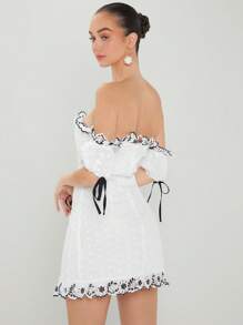 Enchnt Của phụ nữ Off-shoulder Ngắn tay Đầm Với Viền trang trí , Eo Buộc - trắng - Xem 2
