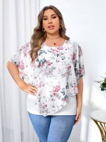 SHEIN Clasi Blusa De Gasa Suelta De Talla Grande Con Elegante Estampado Floral - Multicolor - Ver 3