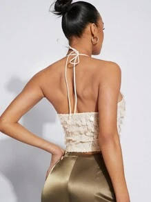 Hauture 女士亮片米色性感亮片短款露背上衣，约会之夜，音乐会，表演，音乐节，派对 - 白色 - 查看 2