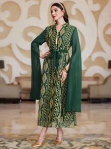 Layrah 全印花几何刺绣斗篷袖腰带长袍连衣裙，带缺口领口，优雅奢华晚会风格 - 綠色 - 查看 4