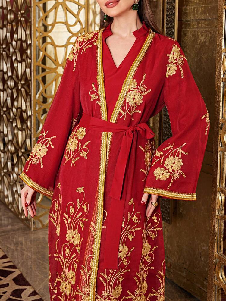 Ladies' Floral Embroidery Belted Coat And Solid Color Dress Kaftan 2pcs/Set, Moroccan Caftan, Elegant Luxury Evening Party Style 2 Piece Set Fall Cloth For Women