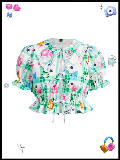 SHEINNeu Kidcore Blusa De Mujer Con Cordones Al Frente Y Estampado Lindo De Animales Y Cuadrícula