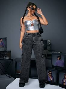 SHEIN ICON Plus Size Women's Cargo Boyfriend Jeans - Black - View 6