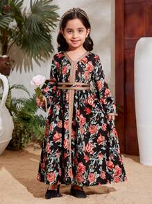 Young Girl Floral Printed Gold Ribbon V-Neck Dress - Multicolor - View 5