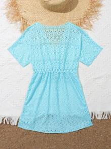 Tween Girls' Hollow Out Embroidered V-Neck Belted Cover Up Dress - Teal Blue - View 2