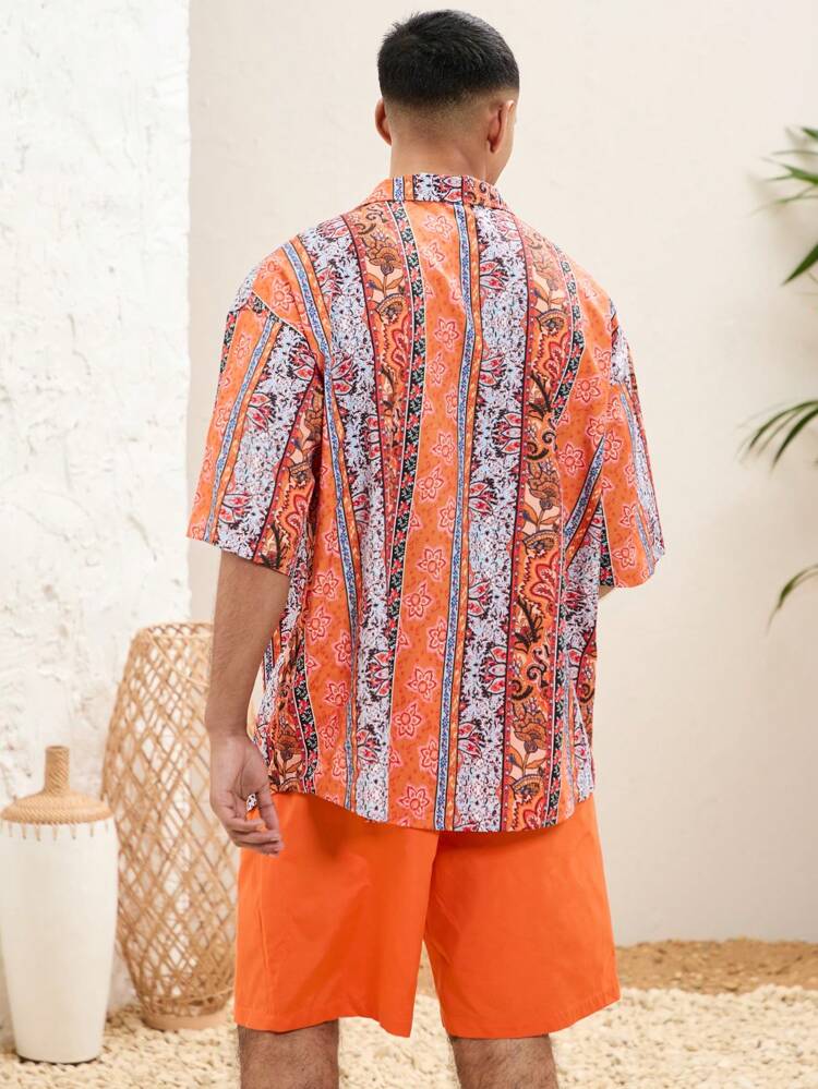 Men's Printed Button Front Woven Casual Shirt And Shorts 2pcs/Set