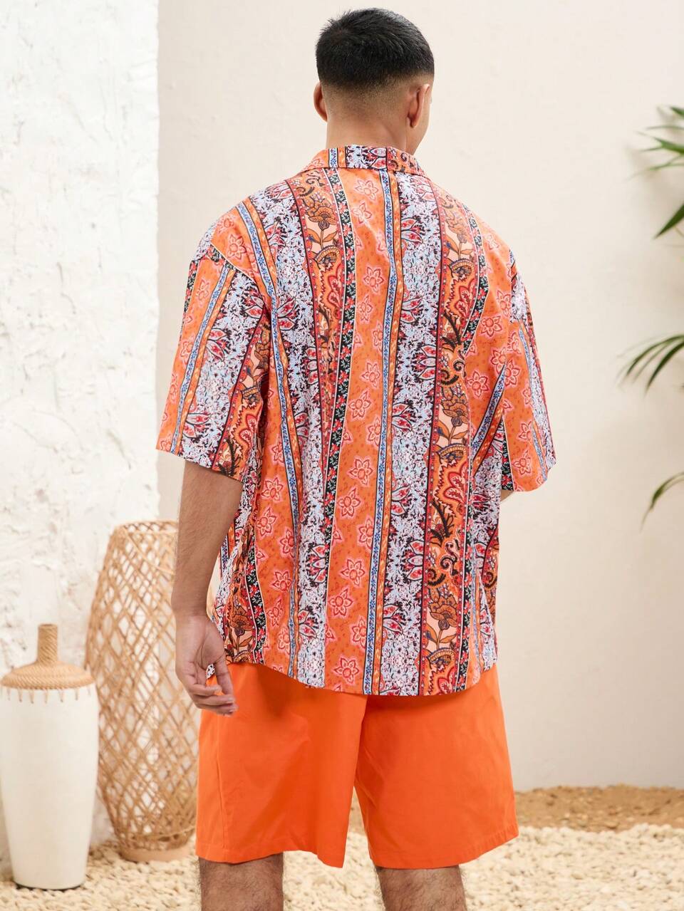 Men's Printed Button Front Woven Casual Shirt And Shorts 2pcs/Set