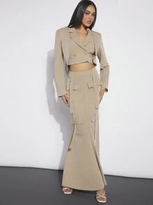 Hauture 雙排扣疊接短款西裝外套 - 卡其色 - 查看 3