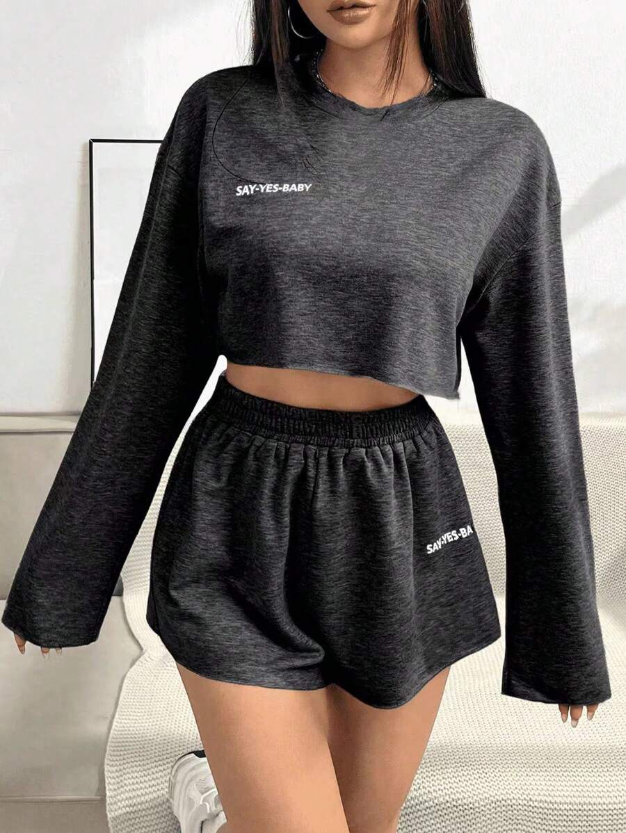 INAWLY Quý cô In thư Quần skinny Áo Và Bộ quần short - Màu xám đen - Xem 1