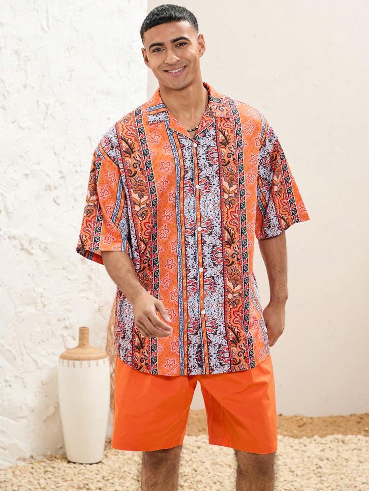 Men's Printed Button Front Woven Casual Shirt And Shorts 2pcs/Set