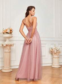 SHEIN Belle Váy phù dâu Với Lung linh Long lanh Lưới , Eo Ruched , Kết cườm Đồ trang trí Và Dây đai - Bụi hồng - Xem 3