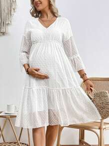 SHEIN Maternity V-Neck Lotus Leaf Hem Dress - White - View 3