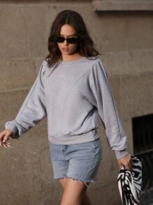 Anewsta Einfarbiger Rundhals Langarm Lässig Sweatshirt Pullover für den Herbst - Grau - Übersicht 7
