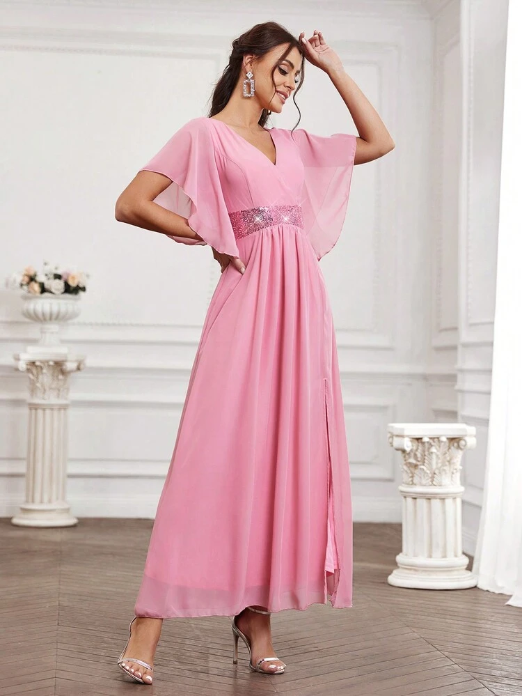 Bridesmaid Dress With Sequin Patchwork, Flounce Sleeves And Slit Hemline