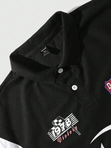 ROMWE MEN Street Life 男士赛车色块字母印花 Polo 衫，适合春夏季日常穿着、上学 - 黑色 - 查看 3