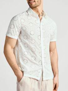 Manfinity Homme Men's White Hollow Out Embroidered Casual Shirt For Spring, Summer - Multicolor - View 1