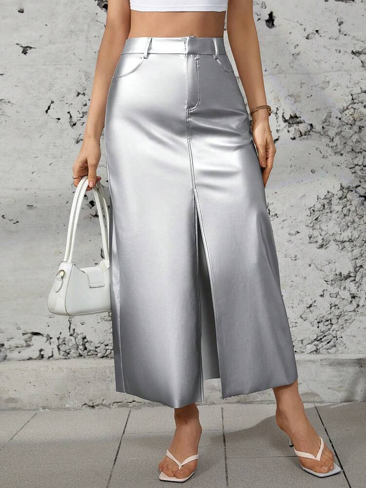 Women's Shiny Faux Leather Front Mid-Split Casual Skirt