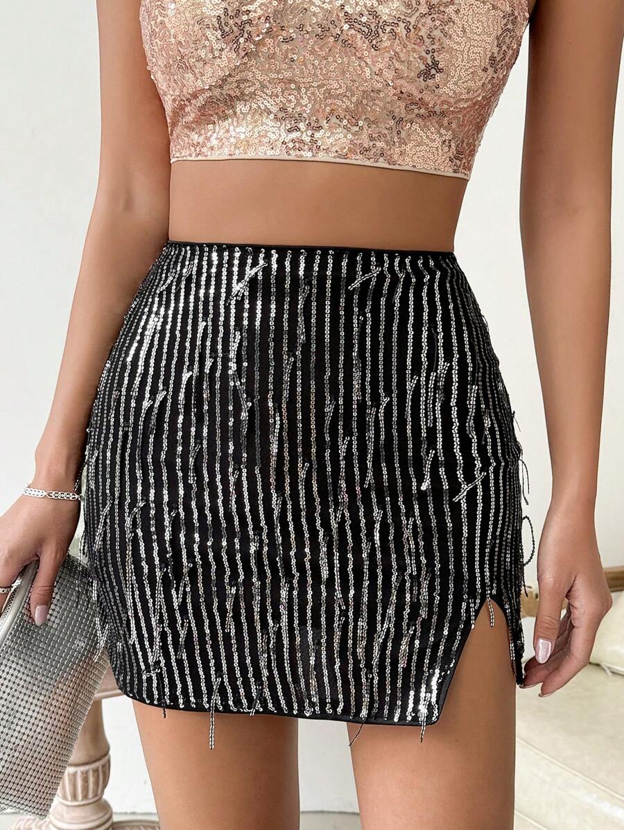 Zolique Falda Con Abertura En El Dobladillo Y Cuentas Decorativas - Plateado - Ver 1