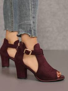 Fall/Winter 2025 High-Heeled Sandals, Burgundy Red Suede Strap Buckled Women's Shoes,Women Boots - Burgundy - View 2