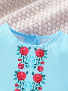 Baby Girl's Bohemian Style Rose Print Dress With Ruffled Hem And Decorative Trim - Multicolor - View 4