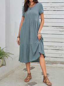 EMERY ROSE Knitted Kleid Mit Rüschensaum, Knopfleiste Und Rundhalsausschnitt In Einfarbigem Design Für Frauen - Grün - Übersicht 4