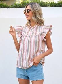 SHEIN Clasi Striped Ruffle Trimmed Decoration Casual Shirt Pink Shirt - Multicolor - View 4