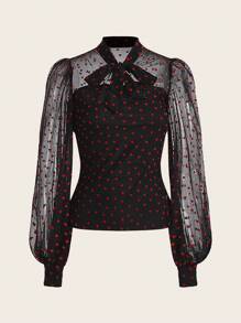 SHEIN Lady Heart Mesh Lantern Sleeve Top - Multicolor - View 8